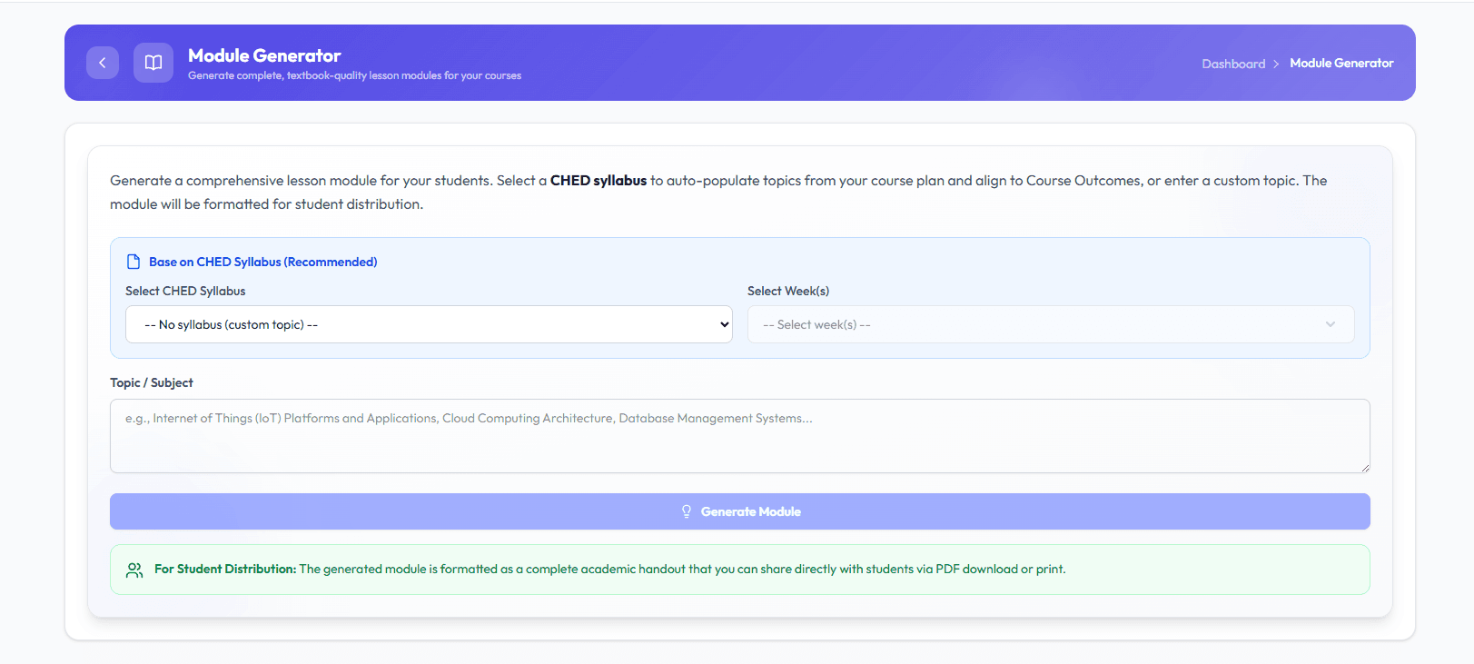 ThruEdu's module generator, ready to produce a handout for student distribution