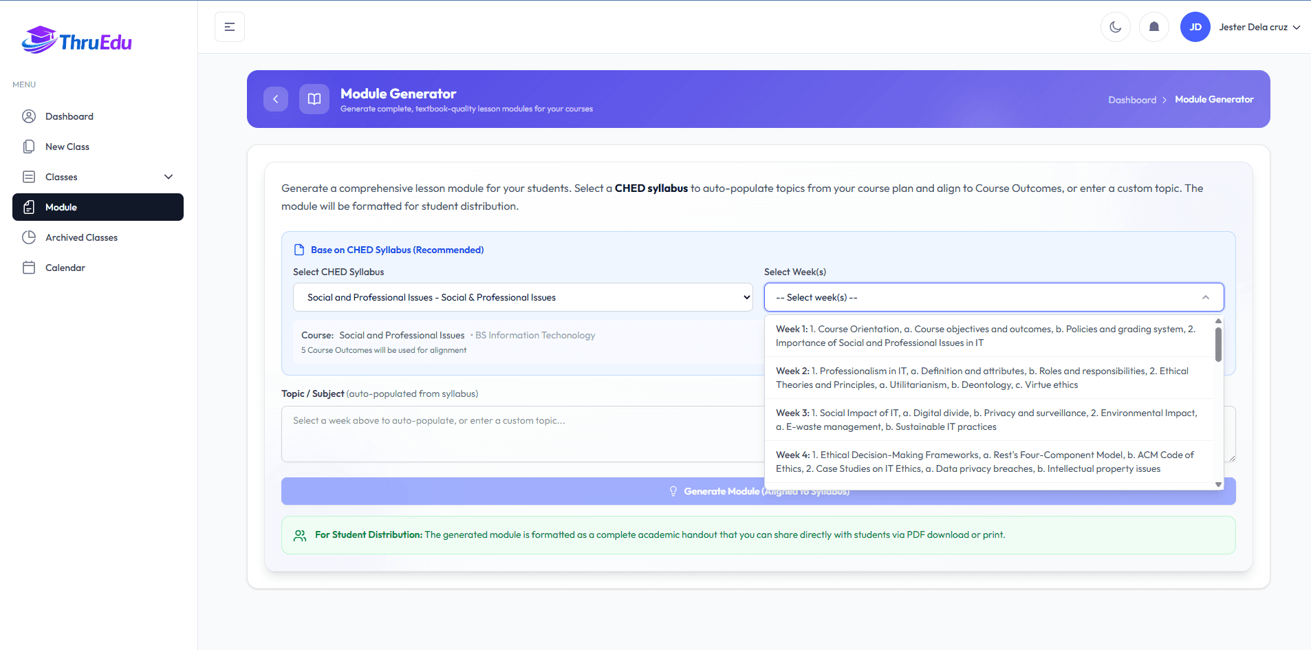 ThruEdu's module generator with a CHED syllabus selected and its weekly topics listed